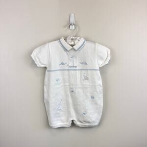 Vintage Friedknit Creations Knit White Sailboat Shortall Romper 12 Months